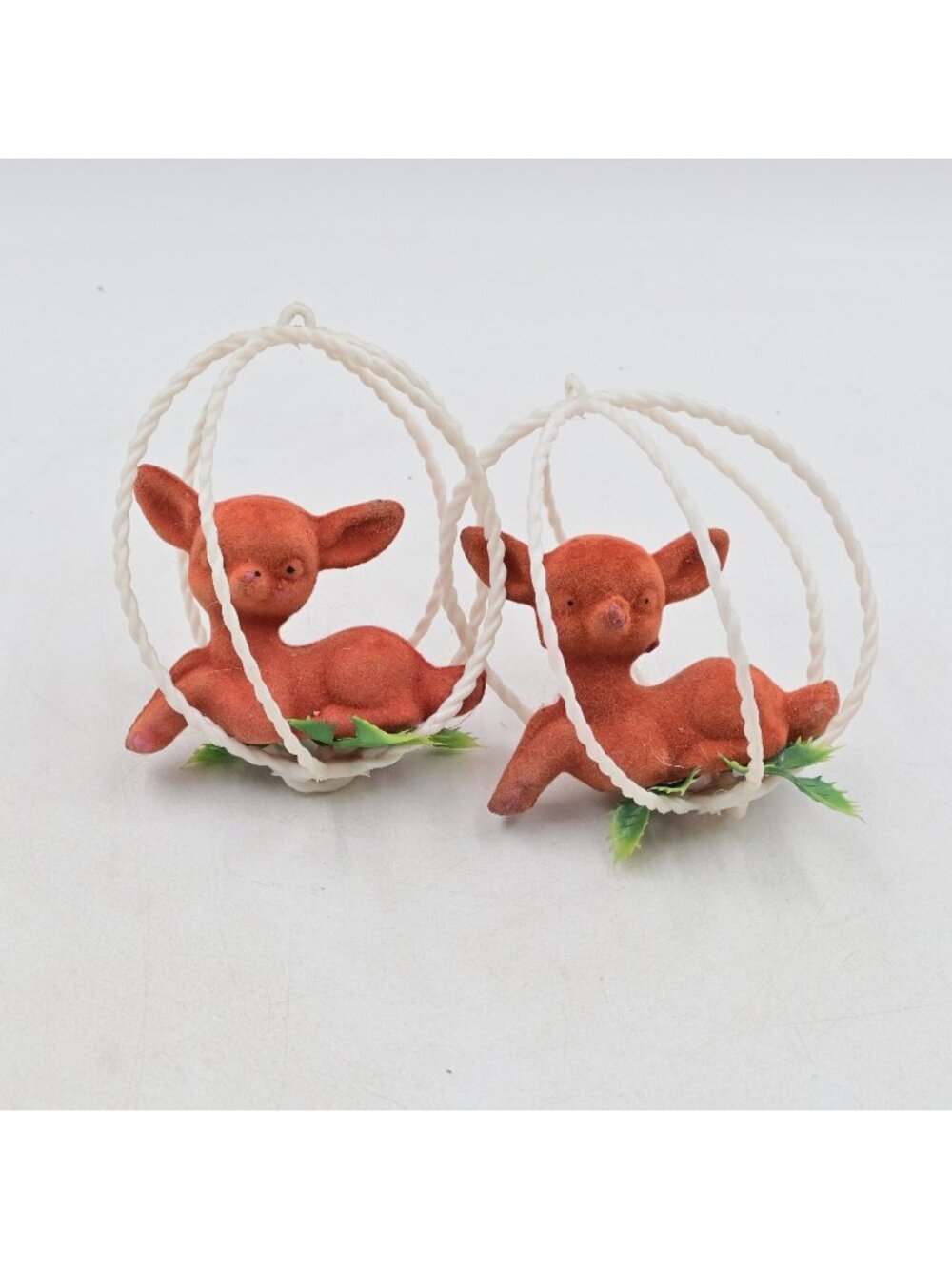 Flocked Deer Figurines In White Wire Ornament Cage Set Of 2 Vintage Christmas